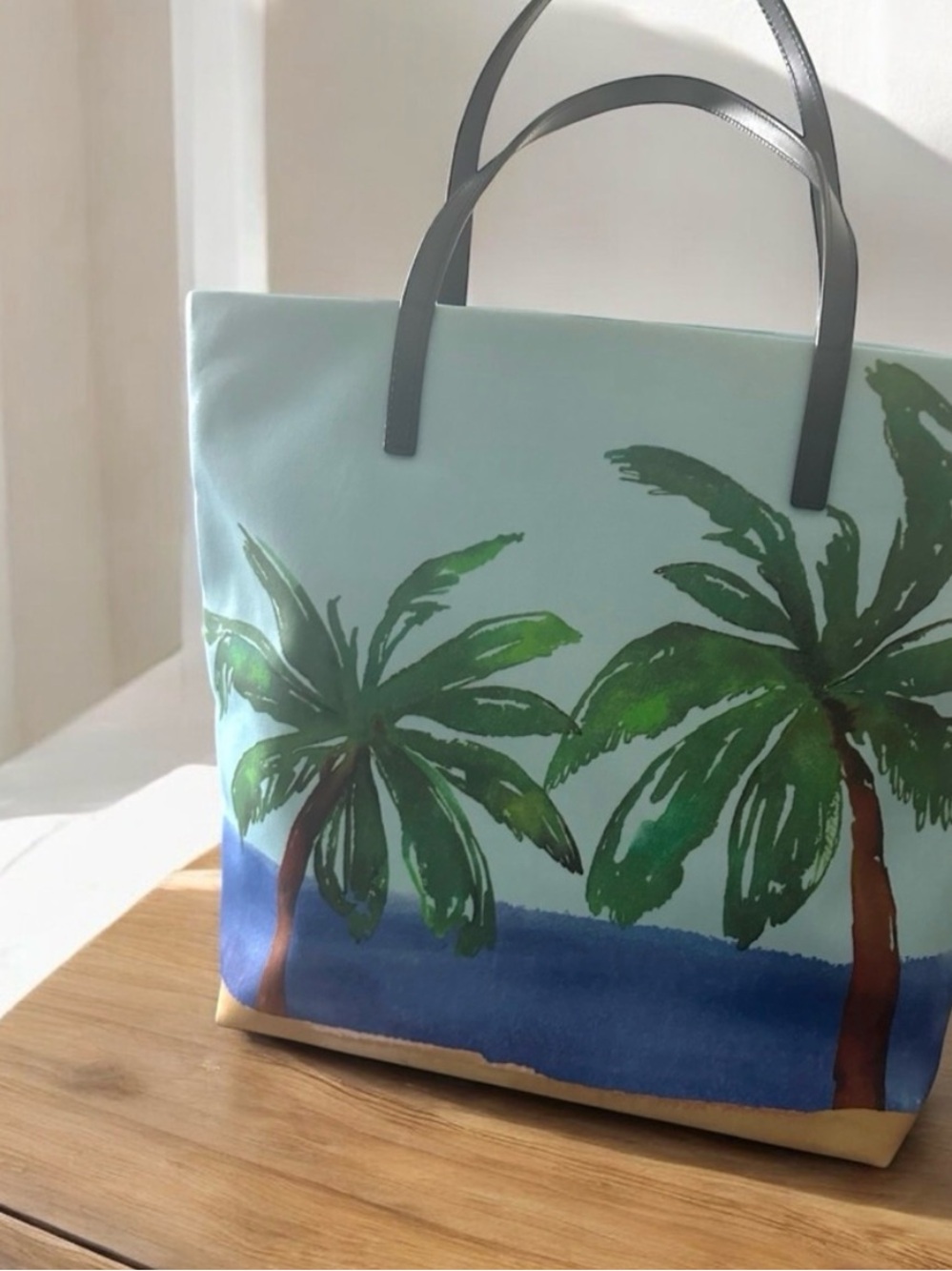 kate spade light blue palm print tote with black straps - Picture 8 of 11